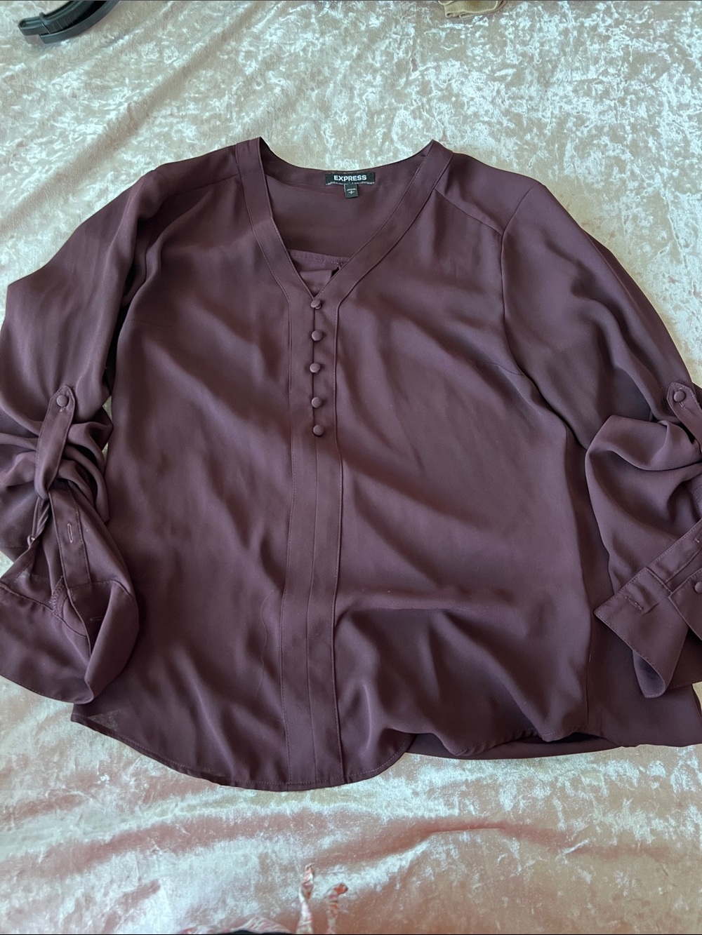 Express Women's Deep Plum V-Neck Button Front Blouse